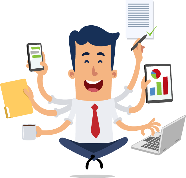cartoon of a busy man doing small business accounting with computer, checklists, etc